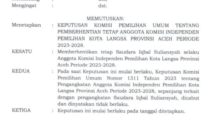 KPU RI Memutuskan Pemberhentian Komisioner KIP Langsa, Iqbal Suliansyah