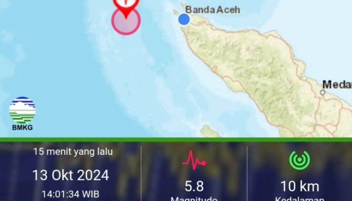 Gempa 5,8 Magnitudo Guncang Banda Aceh hingga Pidie, Tidak Berpotensi Tsunami